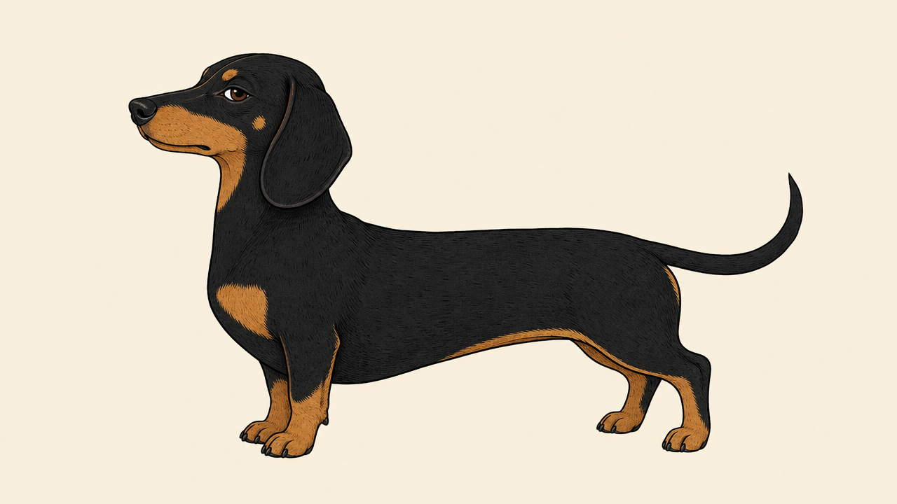 Karma, a black-and-tan dachshund standing in profile